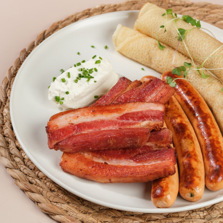 Sausage and Bacon Crepe with Sour Cream Sauce